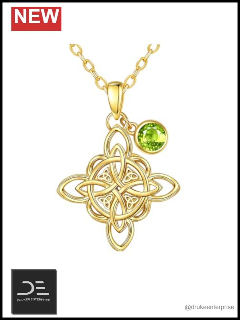 18K Gold Plated Celtic Witch Knot Pendant Necklace Birthstone Peridot